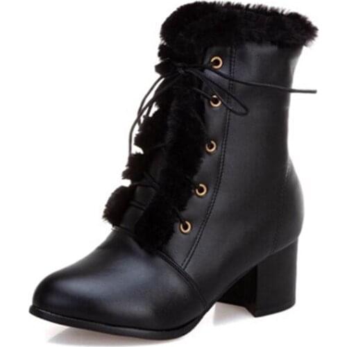 Fashion women Botas Mujer Winter Fur Big Size 33-50 New Round Toe Buckle ANKEL Boots Women Casual HIGH Heels 6CM Shoes T1086