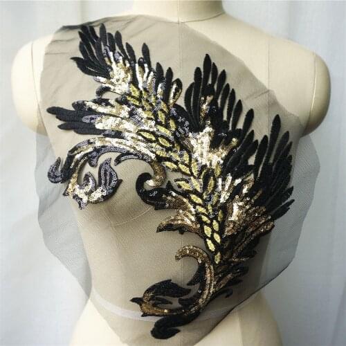 40CM Black Gold Sequin Feather Appliques Sew On Patch Dreamy Lace Fabric Mesh Embroidery Trims For Wedding Gown DIY Decoration