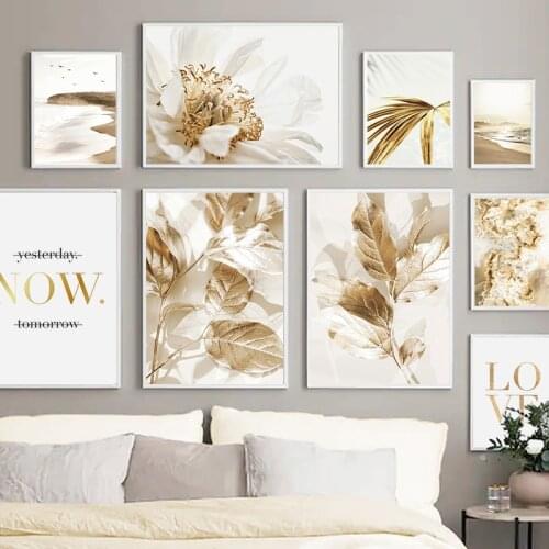Scandinavian Poster Golden Leaves Flower Canvas Art Print Beach Landscape Wall Painting Modern Picture Living Room Home Decor