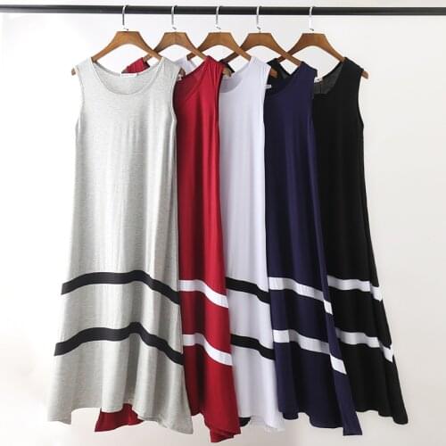 New Modal Stripe Basic Nightgown Nightie Long Sexy Lady Home Dress Summer Sleepwear Sleeveless Sexy Night Shirt Loose Nightwear