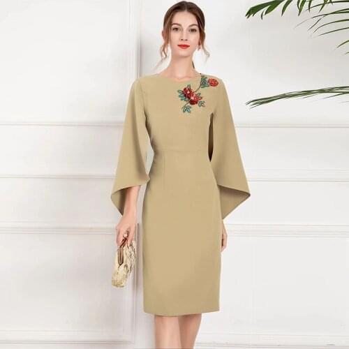 MIUXIMAO 2021 New Autumn Womens Clothing O-Neck Irregular Sleeve Slim Waist Printing Dress Elegant Fashion Office Style