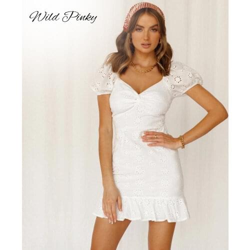 WildPinky Sexy V-neck Party Dress Women Elegant Hollow Out Lace Mini Dress Summer Ruffles Short Sleeve Bodycon Dress Vestidos