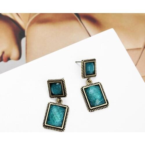 Retro Style Earrings in 2019 Geometric Quadrate Blue Stone Drop Earrings Fashion Good match Gifts for friends