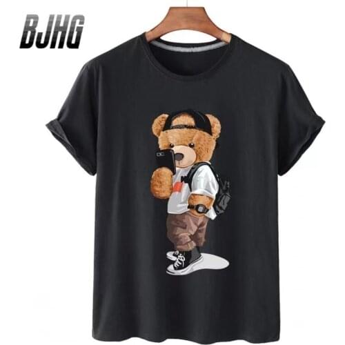 100% Cotton Street Selfie Bear Print Short-sleeved T-shirt Female Half-sleeved Summer Casual Oversized T-shirt Ladies Shirt 4XL