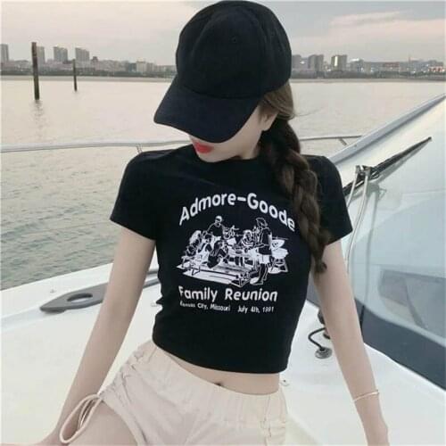 Casual Slim T-shirt Women O Neck character printed Sexy Crop Top Female Korean Fashion Clothing 2021y2k tops Casual T Shirt