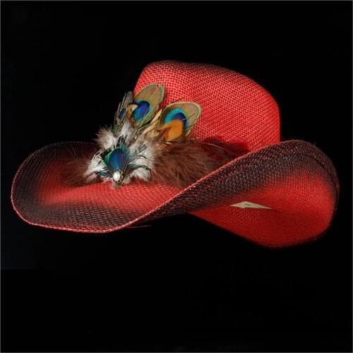 2019 Women Straw Western Cowboy Hat Summer Lady Beach Feather Sombrero Hombre Red Panama Cowgirl Jazz Sun Cap Size 56-58CM
