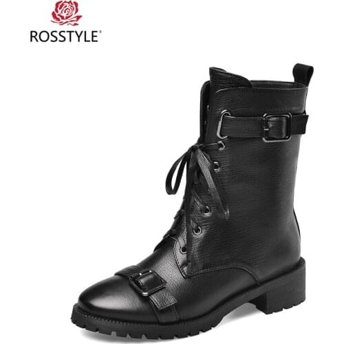 ROSSTYLE Fashion Woman Basic Ankle Boot High Quality Genuine Leather Round Toe Low Heel Shoes Solid Buckle Lace-up Retro Boots