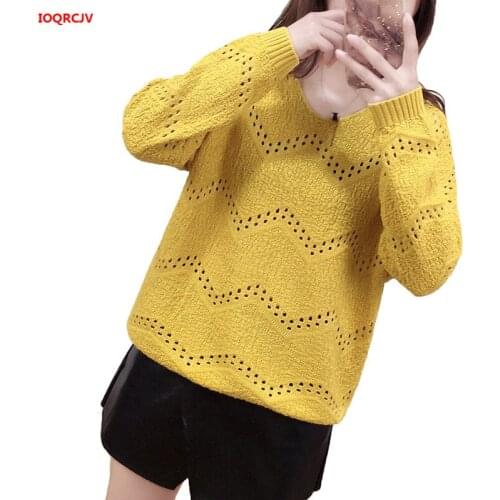 Woman Sweaters Spring V Neck Tops Yellow Womens Hollow Out Pullovers Loose White Ladys Thin Sweater Knitted Jumper Mujer W1020