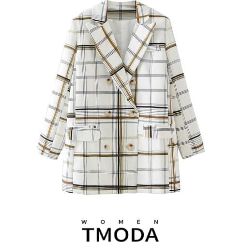 TMODA407 Women Oversized Plaid Double Breasted Blazer Elegant Office Work Business Formal Check Jacket Suit Coat Fall Outwear