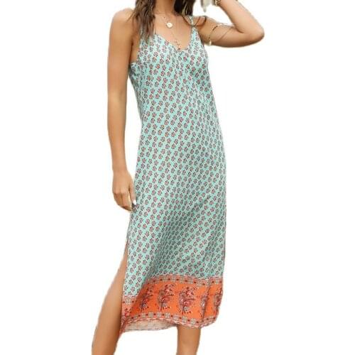 Sexy Womans Sleeveless Casual Dress Summer V neck Floral print Backless Side Slit Sling Long Dress 2021