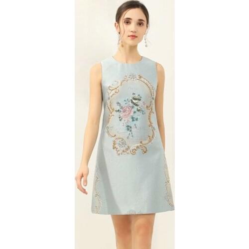 QUALITY Newest HIGH Fashion 2021 Summer Dress Womens Sleeveless Jacquard Flowers Beading Tank Dress