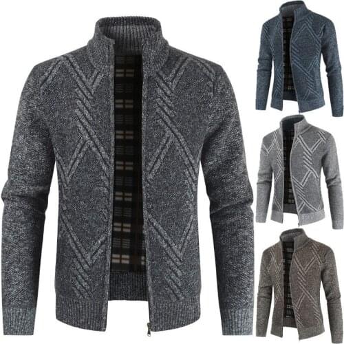 Winter Mens Wool Cardigan Stang Collar Zipper Thick Warm Geometry Elasticity Large Size Casual Fashion Male Sweater