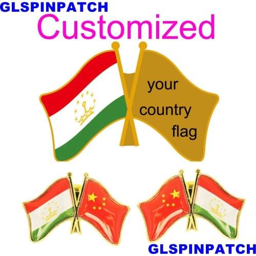 Tajikistan Crossed Friendship Flag Double Country lapel pin Brooch USA UK France Chile Russia Saudi Arabia Japan Spain Badge