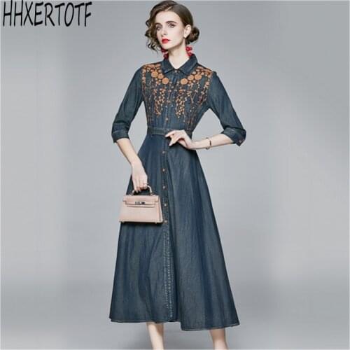2020 Autumn New Denim dresses fashion temperament women turn down Sleeve Retro Ethnic Style Embroidered dress