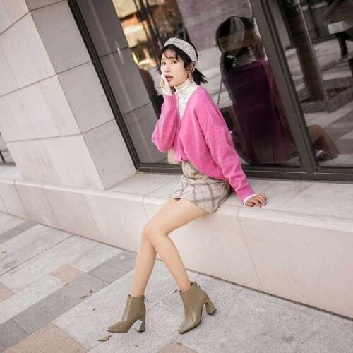 2020 winter post-zipper Martin boots women workplace office thick heel high heels simple square toe short boots