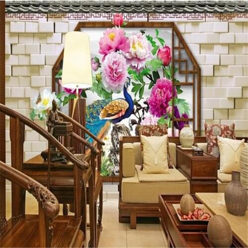 Beibehang 3d stereoscopic Peacock murals Chinese TV backdrop brick wallpaper living room bedroom murals papel de parede adesivo