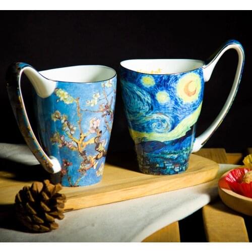 600ml Large Porcelain Mugs With Big Handle Famous Painting Design Bone China Cups For Coffee Tea Water Europe Kitchen Home Decor