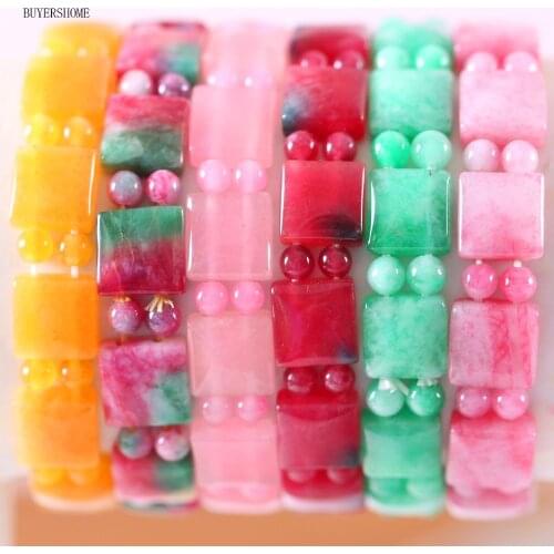 Free Shipping Women Jewelry Stretch Natural Pink Green Red Yellow Stone Round Square Beads Bracelet 7" 1Pcs