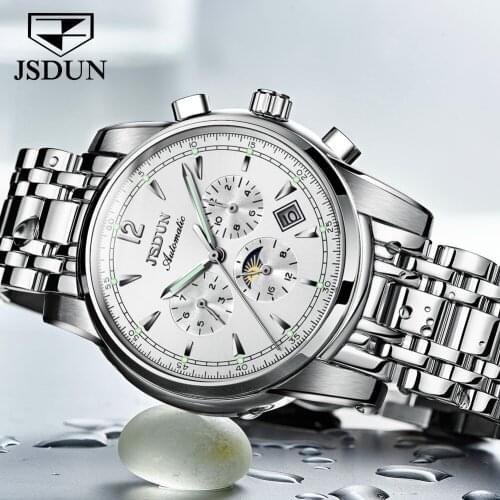 JSDUN Brand Mens Automatic Mechanical Multi-function Watch Moon Phase Calendar Luxury Watch Waterproof Mens Business Watch