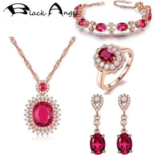 BLACK ANGEL Openwork Four Clover Bracelet Earrings Necklace Adjustable Rings Gold Ruby Red Tourmaline Jewelry Set For Women Gift