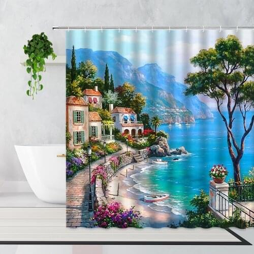 Mediterranean Garden Oil Painting Shower Curtain Seaside Natural Scenery Bathroom Decoration Waterproof Bath Curtains With Hooks