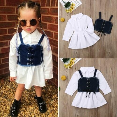 Pudcoco New Fashion Toddler Baby Girls Kids Suspender Long Sleeve Shirt Denim Dress Clothes