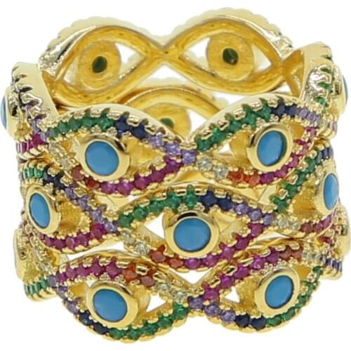 Hot fashion rainbow colorful cz lucky cute turkish evil eye turquoises stone band ring for women girl wedding engagement Jewelry