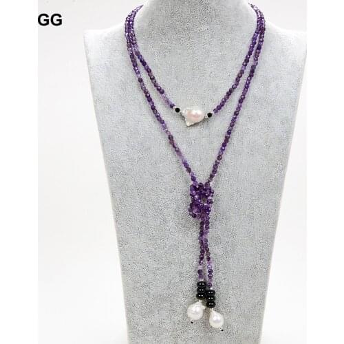GuaiGuai Jewelry Natural Faceted Purple Amethysts White Keshi Pearl Black Onyx Long Necklace 51'' For Women