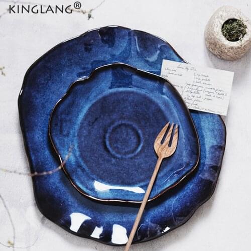 KINGLANG 1pcs Japanese Irregular Dish Ceramic Food Dish Flat Steak Plate Restaurant Wholesale Dishes