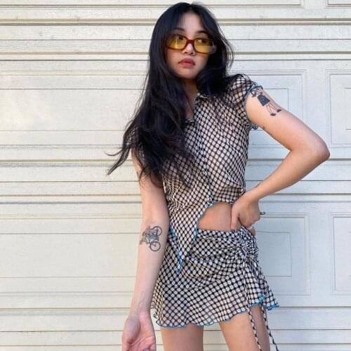 Y2K Plaid Print Co-ord Suit Vintage Streetwear Turn Down Collar Tops And Drawstring Mini Skirt Summer 2 Piece Skirt Sets