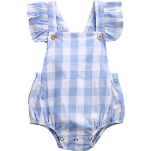 2017 Cute Casual Newborn Infant Baby Girls Cotton Short Sleeve Square Collar Blue Plaid Bodysuit Playsuit Outfit Summer 0-18M