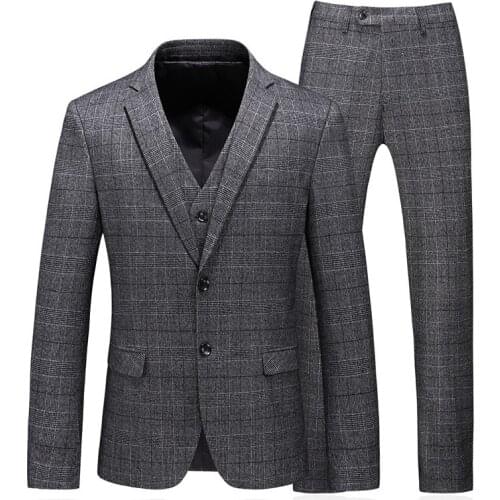 Mens suit gray gentleman retro plaid suit blazer with trousers vest men business casual suits banquet mens formal Tuxedo dress