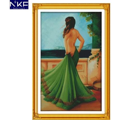 NKF The Lady In Green Dress Cross Stitch Pattern Counted DIY Cross Stitch Kit for Embroidery Home Decor Needlework Cross Stitch