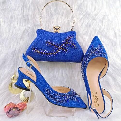 New Ariival Italian Design Nigerian Crystal Style Elegant Yellow Color Party Women Shoes and Bag Set Decorated With Rhinestone