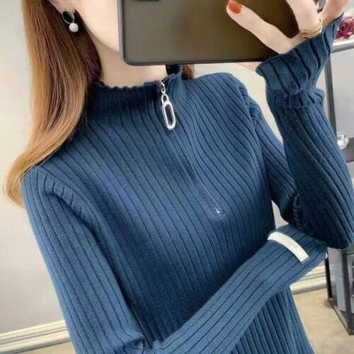 2021 Autumn Winter Womens Sweater Korean Fashion Turtleneck Sweaters Zipper Decor Long Sleeve Top Pullover Slim свитер оверсайз
