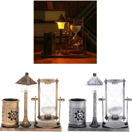 Retro Unique Hourglass Pen Holder with Built-in Light Crafts Glass Sand Timer Ornament for Home Office Decor Gift--14x15.5cm