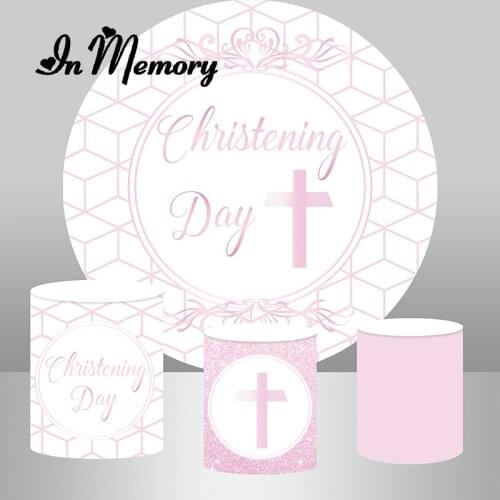 Baby Pink Girl Christening Day Round Backdrop Cover Cross God Bless Baby Shower Newborn Birthday Background Plinth Covers Custom