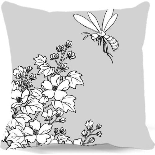 Gray background White plants painting of Square Cushion Cover Cotton polyester Printed Decorative for Home sofa Car Seat