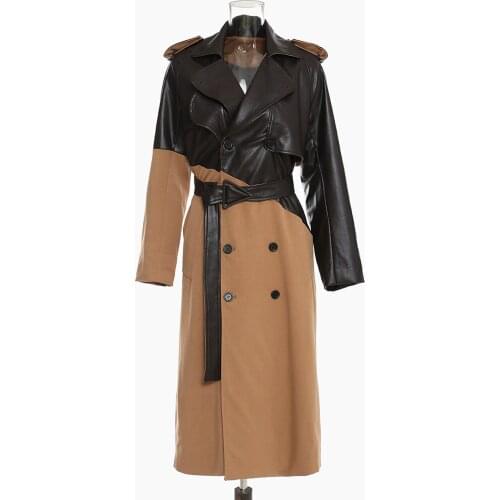 Women Windbreaker Autumn And Winter Style High-Quality Personalized Design Patchwork Leather Khaki Color Matching