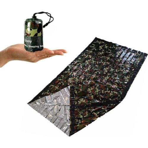Green Camouflage 200*120CM Ultralight Emergency Sleeping Bag Waterproof PE Aluminum Film Camping (with Storage Bag) + Whistle