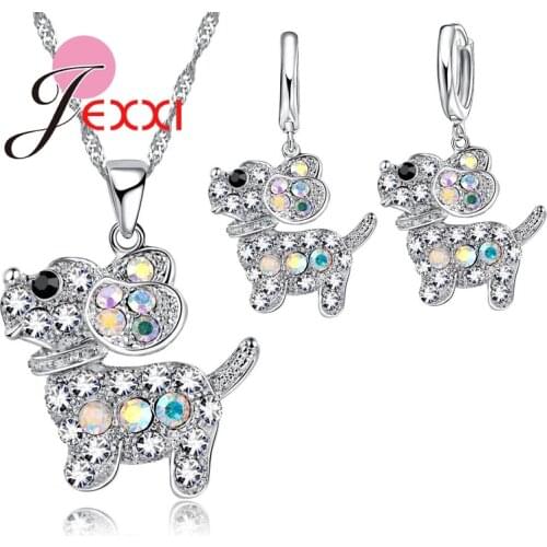 New Arrival 925 Sterling Silver Sparkling Gemstone Dog Puppy Pendant Necklace Earrings Jewelry Sets Wedding Bridal Bijoux