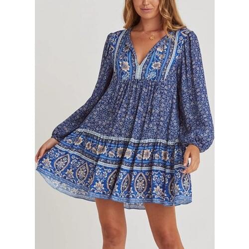 TEELYNN blue cotton Floral print tunic Mini Dresses women Long Sleeve robe boho Autumn short Dress femme Vintage loose vestidos