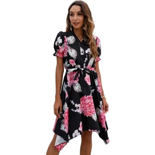 Casual Short Sleeve Floral Print Mini Dress Woman Summer V-neck Button Dresses For Women 2021 White Lace Up Irregular Robe Femme