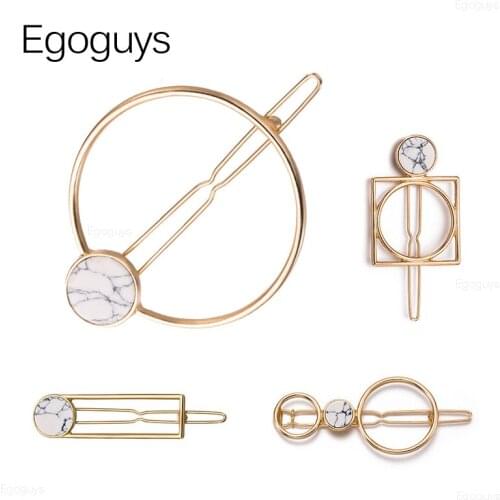 1PC Fashion Geometric Hair Clips Circle Square Hairpins Women Girl Natural Stone Marbling Barrettes Retro Metal Hair Styling Pin