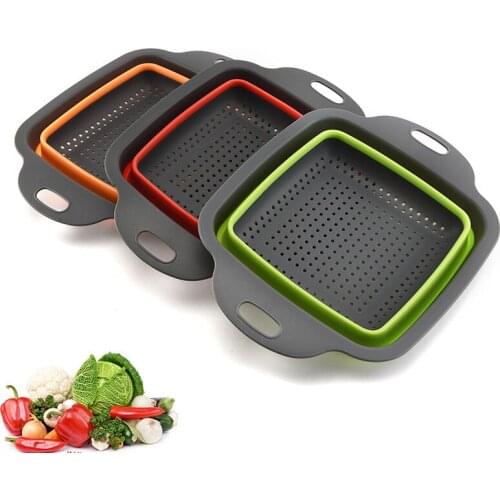 2Pcs Square Shape Drain Basket Collapsible Colander Foldable Silicone Kitchen Organizer Fruit Vegetable Washing Drainer Strainer