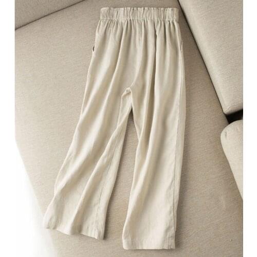 2021 Summer Women Pants Elastic High Waist Cotton And Linen Pants Women Casual Wide-leg Pants Solid Cropped Trousers Straight