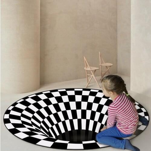3D Black and White Grid Stereo Carpet Visual round Carpet Living Room Vortex 3D Geometric Abstract Floor Mat floor rug