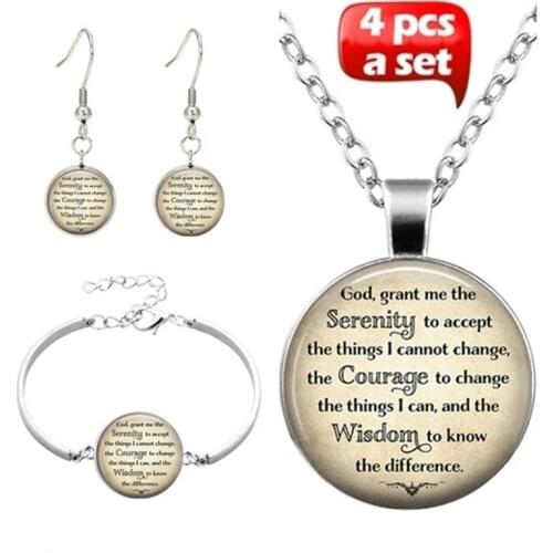 4Pcs/Set Handmade Serenity Prayer Art Photo Cabochon Glass Pendant inspirational Text Chain Necklace Bracelet Earrings Jewelry