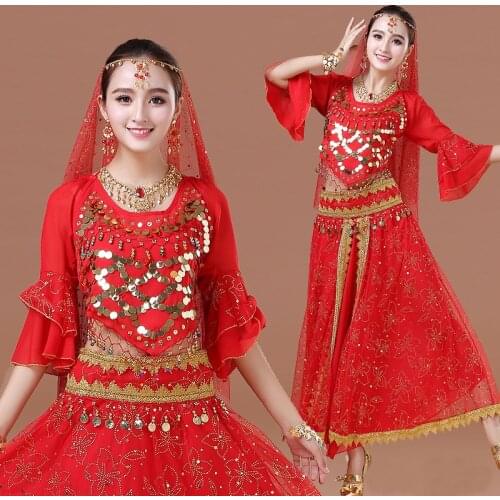 4Pcs/Set Chiffon Bollywood Dress Costume Women Indian Dance Set Sari Belly Dance Outfit Performance Clothes High Quality