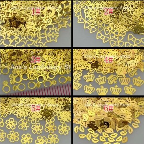 800PCS/PACK Gold High-heel Cat Love Crown Snowflake Lip Star Flower Shape Metallic Sequins Nail Art Slice Phone Decals Tip